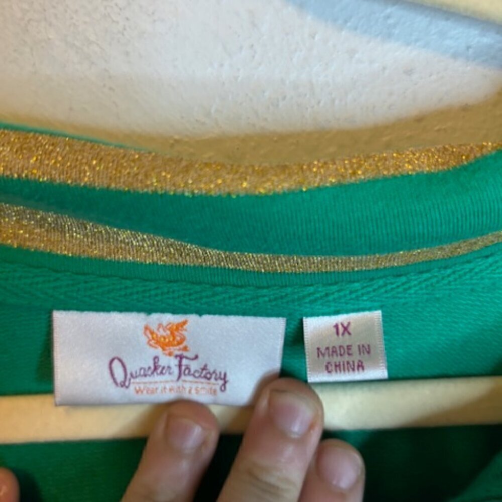 Quacker Factory Sweatshirt Women's‎ Size 1X Green Gold Stripes - Picture 3 of 4